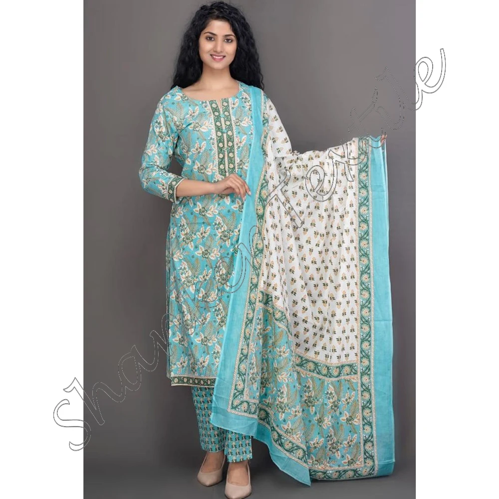 Дизайнерский хлопковый костюм Kurta с блочным принтом комплект Kurti дупаттой для всех случаев свадебная одежда индийские платья женщин