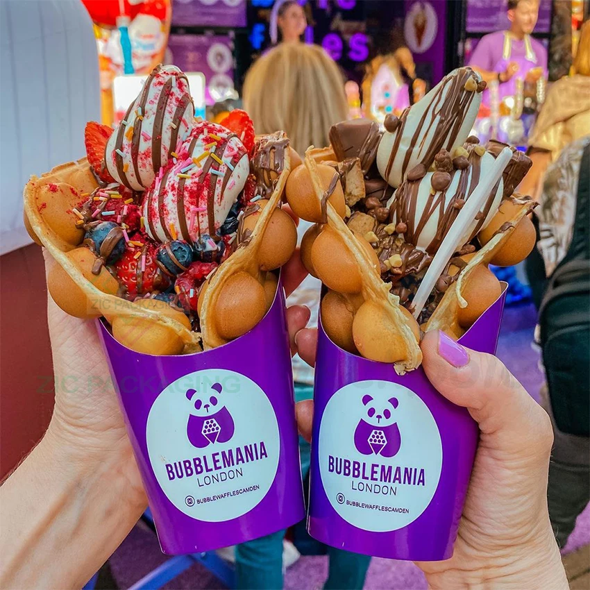 Disposable Waffle Crepe Paper Cup Cheap Churros Holder Packaging Custom Logo Bubble Waffle Cup To Go