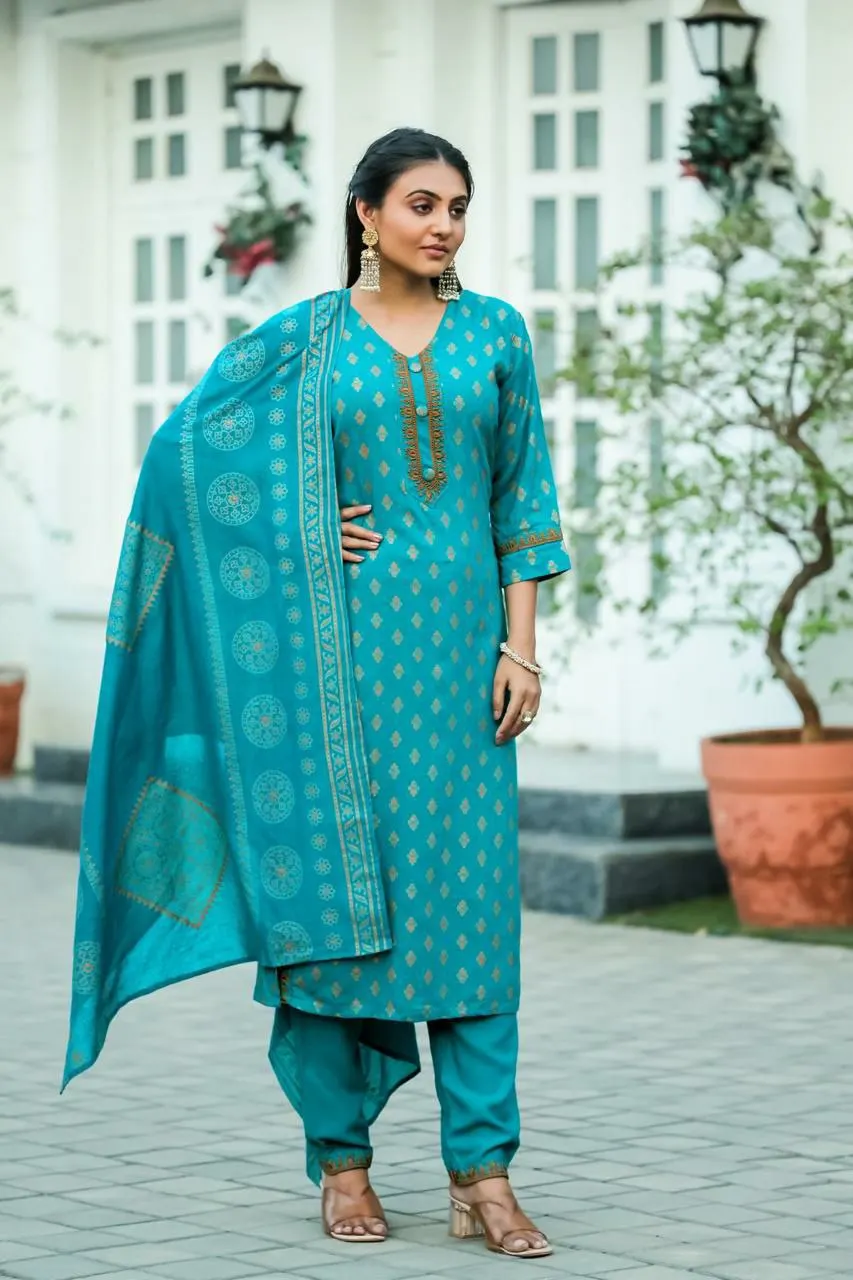 Темно-синий цвет традиционная Повседневная и офисная одежда с круглым вырезом принтом Рейон Курти чуридар комплектом Dupatta