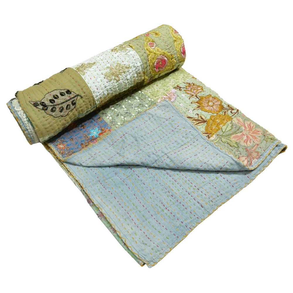 Indigo print design Silk Kantha Patch blanket handmade throw Silk filled reversible patchwork Silk Kantha Patch quilt Reversible