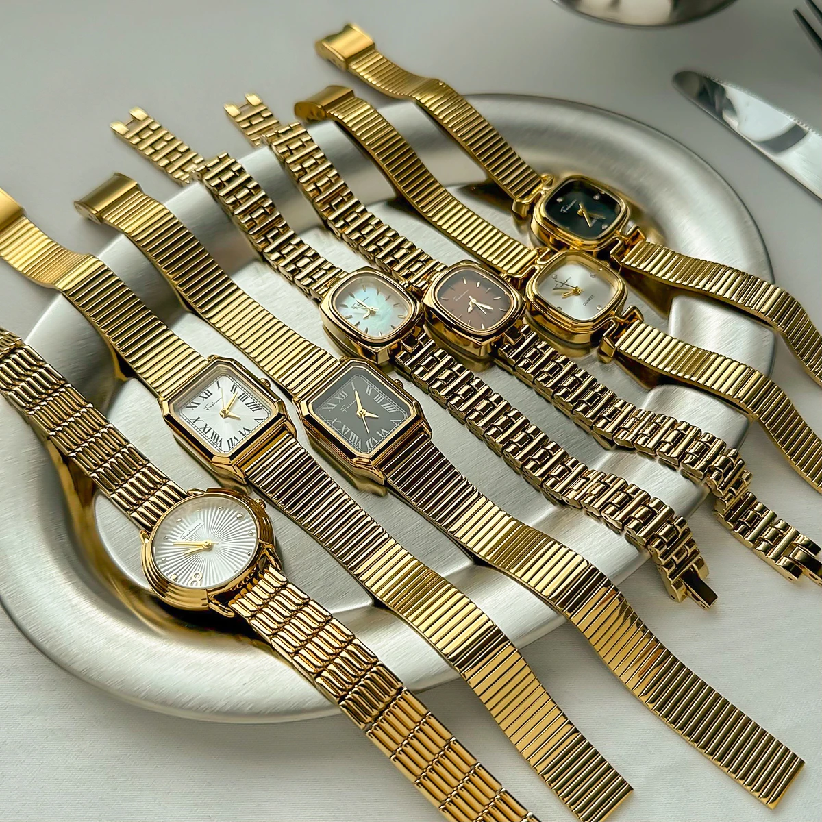 18k Gold Stainless Steel Square White Ribbed Quartz Strap Watch