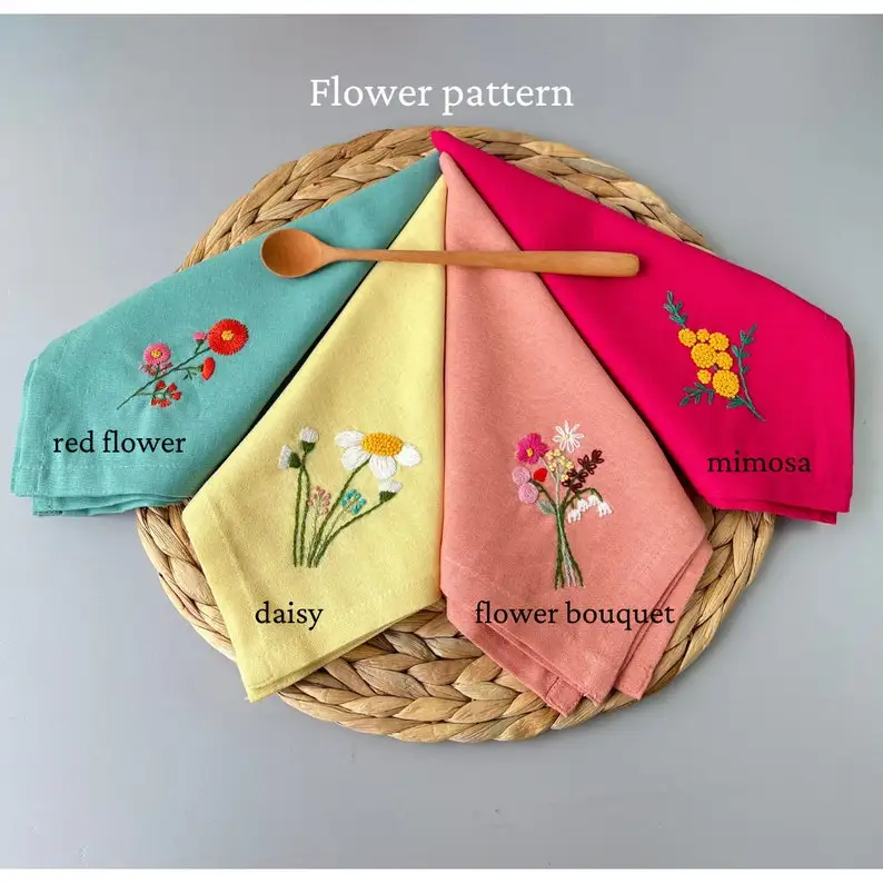 Flower Embroidered Linen Napkins Set Reusable Hand Embroidered Wildflower Table Decor for Family Dinners