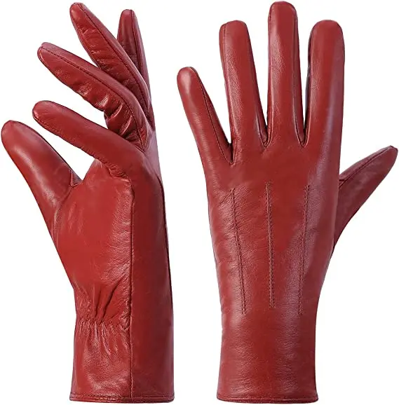 Red Leather Full Feigner Genuine Sheepskin Leather Gloves, Warm Touchscreen Texting Cashmere Driving Motorcycle Dress Gloves