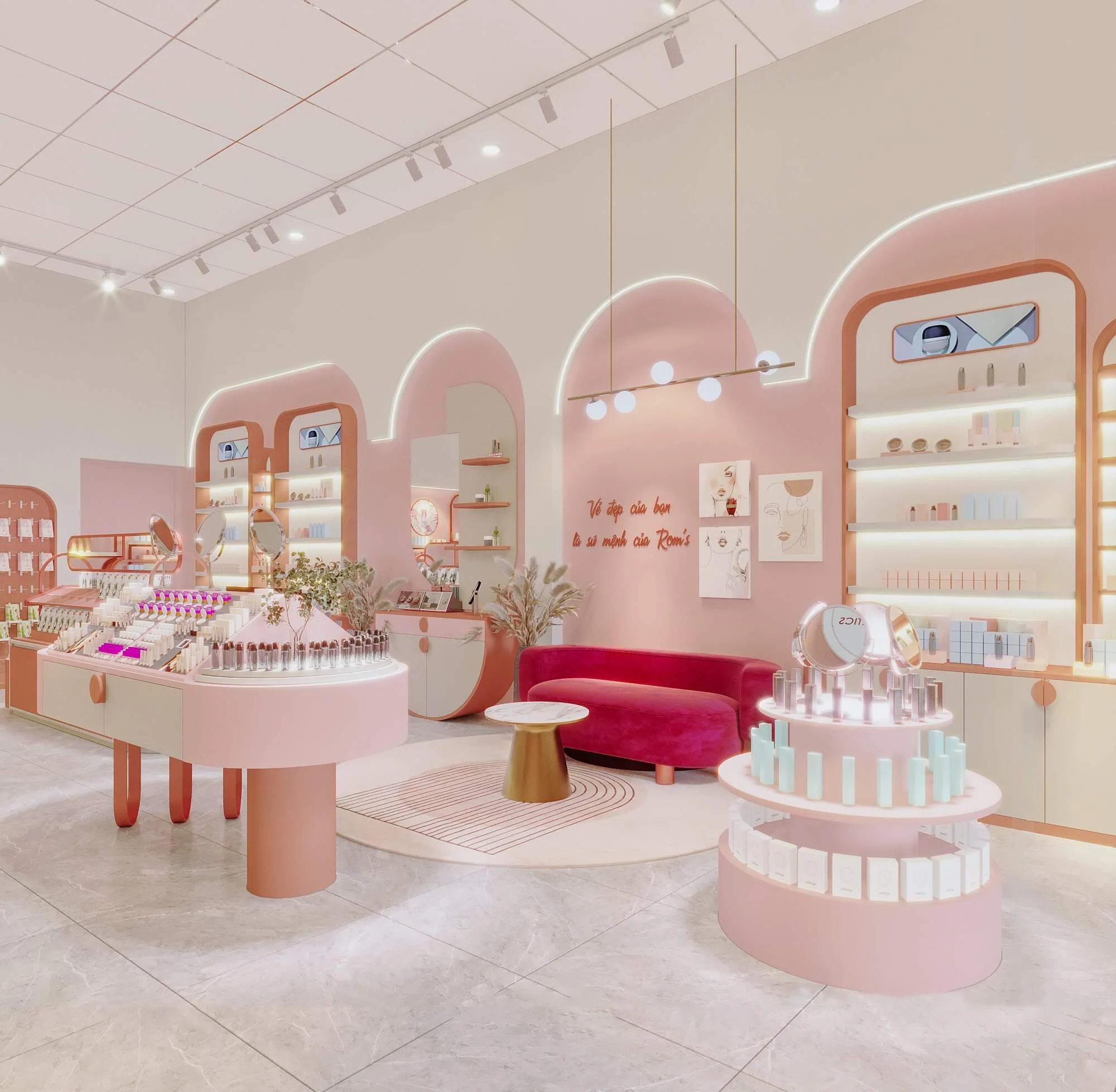 Заводская витрина изготовленная на заказ розового магазина дизайн интерьера под идеи декорирования косметический витринный шкаф магазин