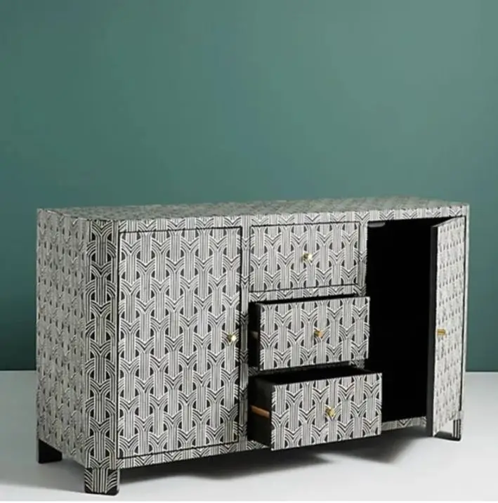 Modern Trending Hot Selling Bone Inlay Handmade 3 Drawers 2 Door Sideboard Buffet Dresser Optical Pattern Bone Inlay Furniture