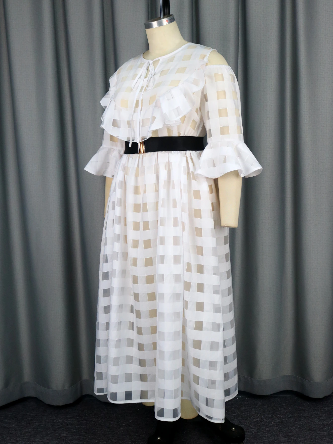 Flare Sleeves Cold Shoulder See Through A Line Women Casual Dress with Belt