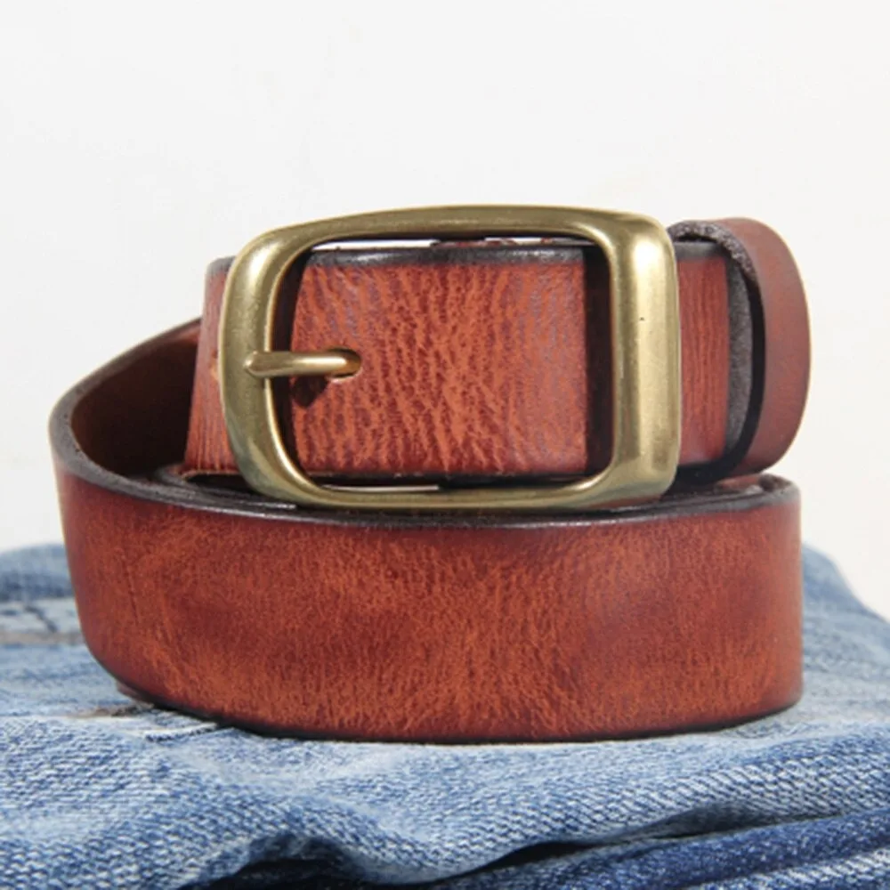 Men Retro Cowhide Leather Brass Pin Buckle Metal Belt Top Quality Solid Pure Cow Skin Belts Men 3.3cm Width