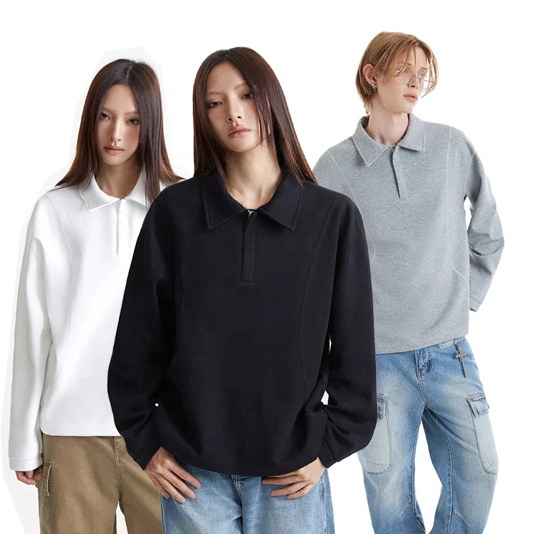 Reverse collar polo t shirt long sleeve hip hop patch design t shirt varsity vintage brand unisex golf polo t-shirt customized