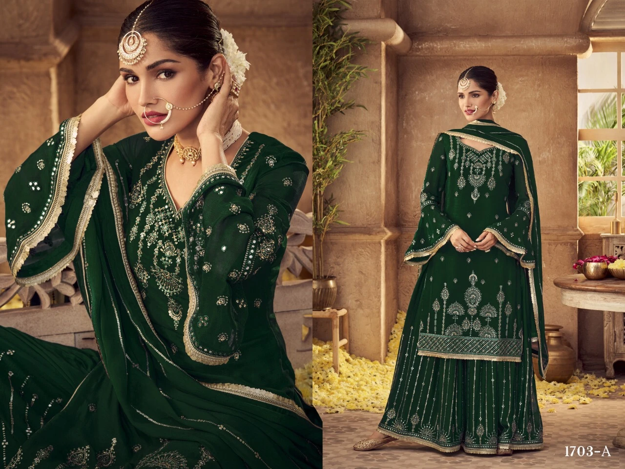 Heavy Faux Georgette with Embroidery Work Fancy Work & Damian 9 mm Sequence Ready Made Fancy Lace Palazzo Suit