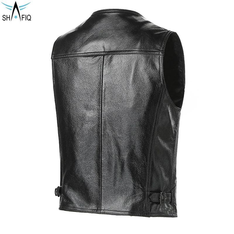 Однотонный черный цвет с боковыми карманами на молнии и V-образным вырезом удобная мужская одежда кожаный жилет от Shafiq Sports
