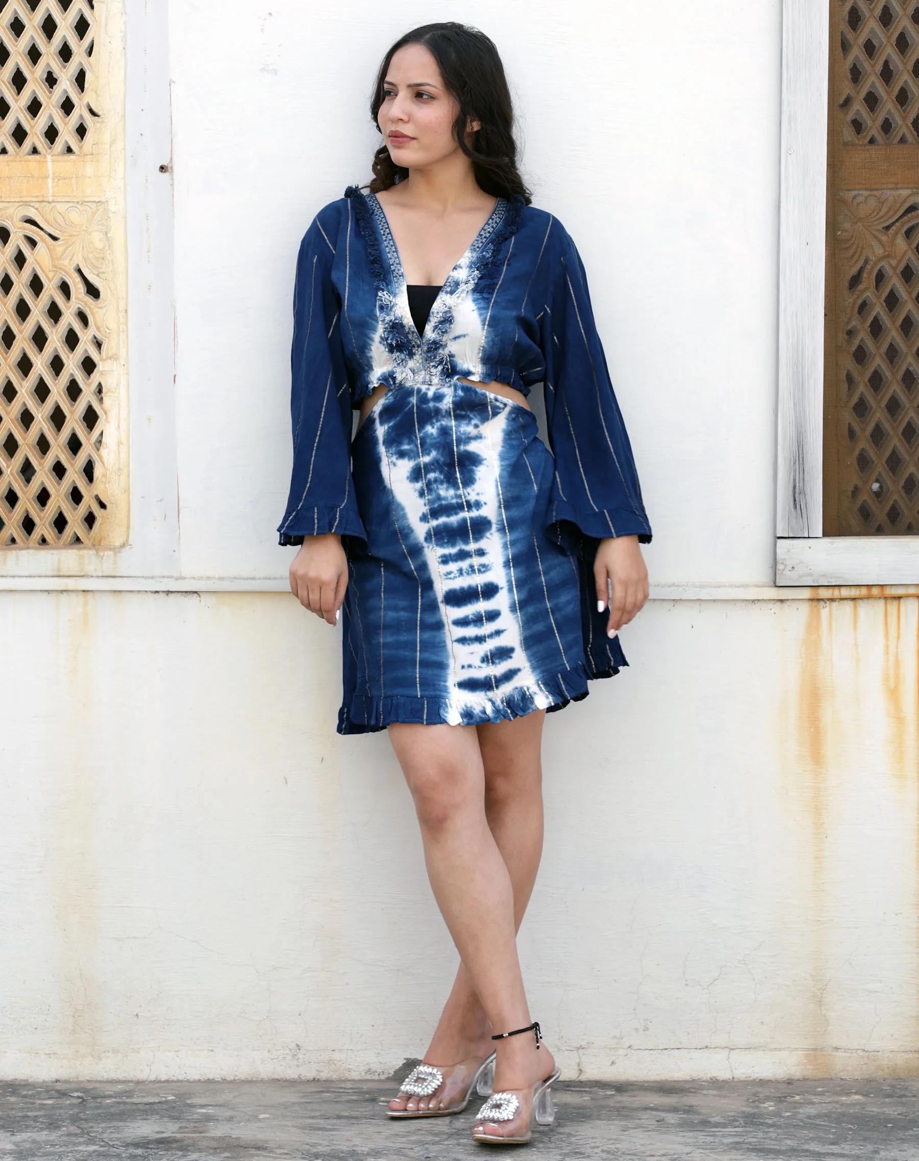 Trending Sunset Stroll Rayon Tie Dye Maxi Short Dress For Women Long Sleeve Crop Top With Short Skirt Perfect for Beach Days