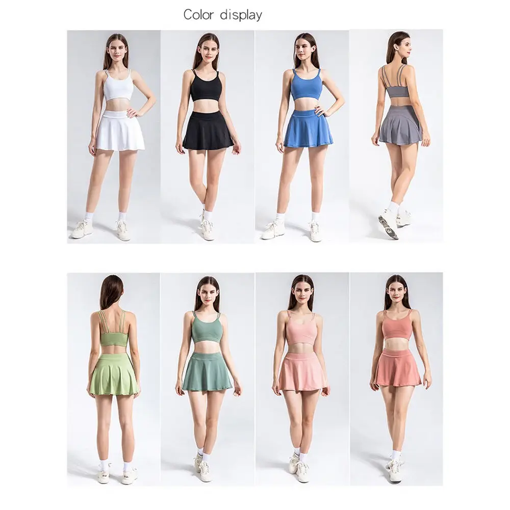 Yoga Set Custom Logo Two Pieces Set Solid Color Workout Clothing Fitness Tops Sport Bra Skirt Running Golf Tennis Wear