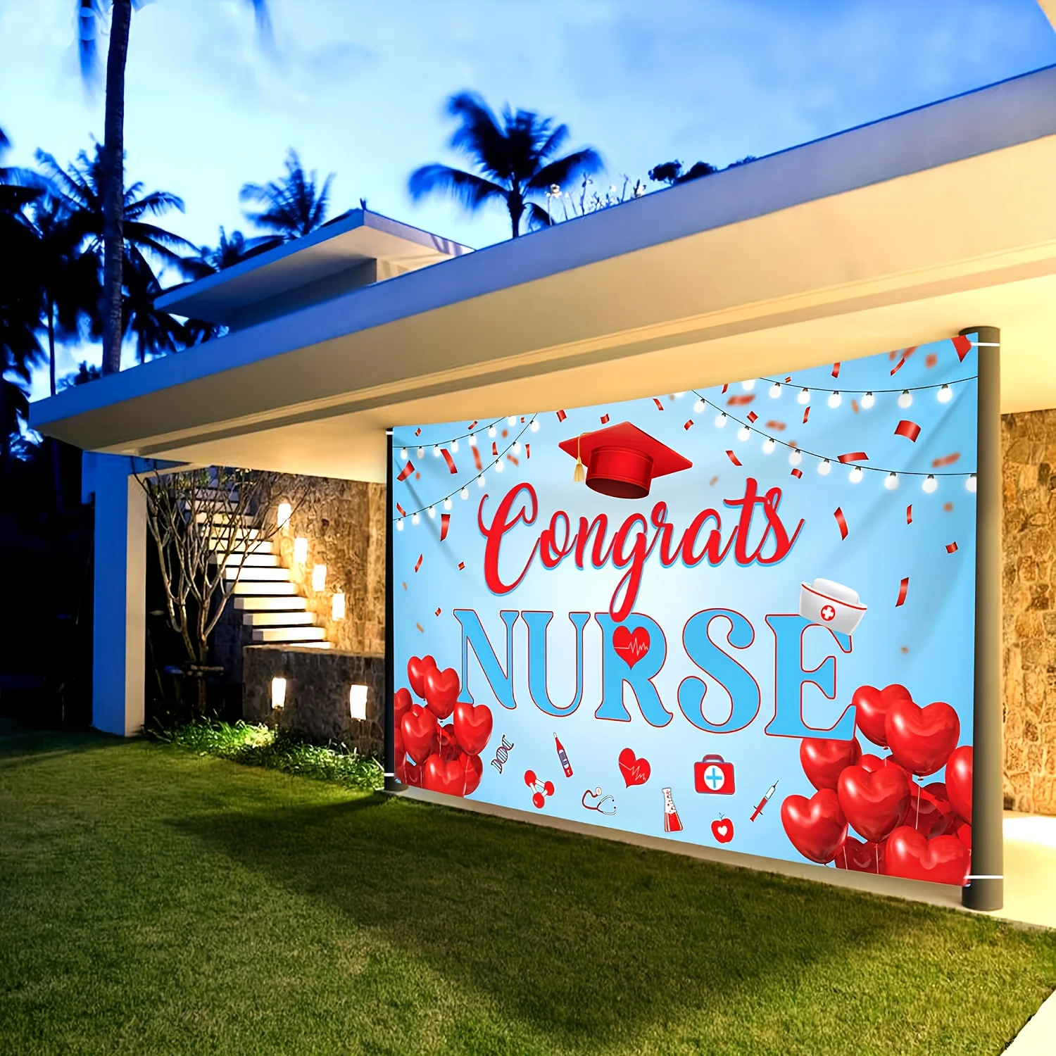 1pc Congrats Nurse Backdrop Red And Blue Nursing Graduation Party Supplies Nurse Graduation Decorations Class Of 2024