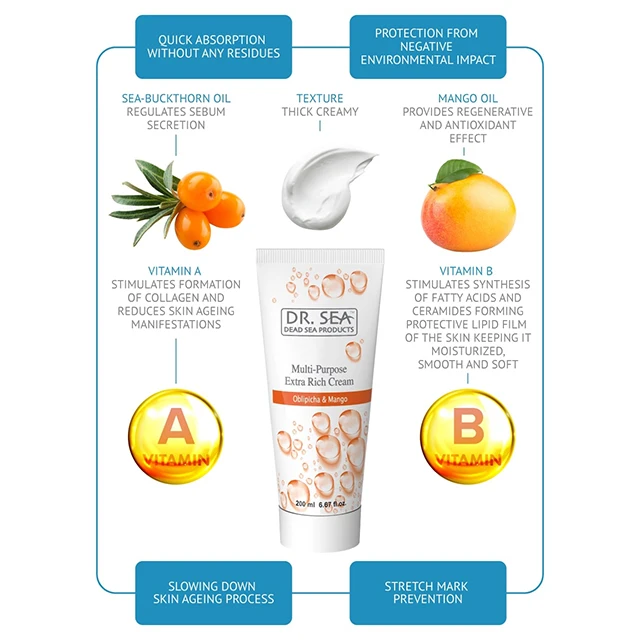 Best Multi Purpose Extra Rich Cream Oblipicha & Mango by Dr.SEA Cosmetics Dead Sea Products Israel Free Samples Wholesale