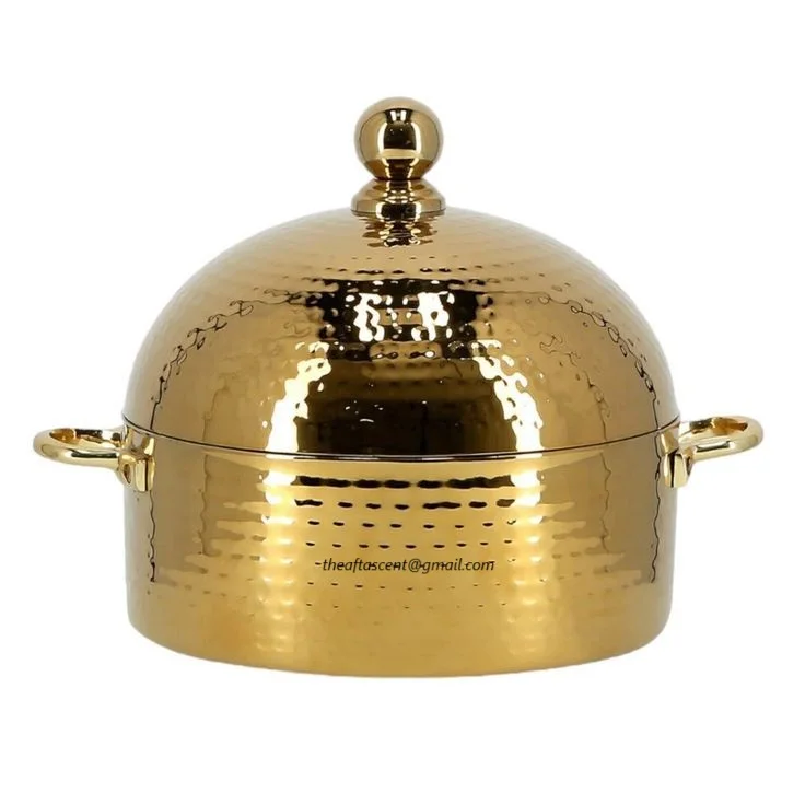 High Quality Gold Hammered Steel Casserole With Lid Modern Handmade Customized Metal Hotpot Food Server For Kitchens From India
