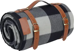 Wholesale Waterproof Polyester Fleece Picnic Blanket With Leather Handle