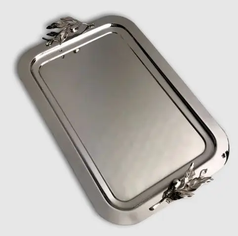 High quality New modern style Rectangular Steel Serving Tray with Leaf Design brass handle for Table top Home & MultiPurpose use