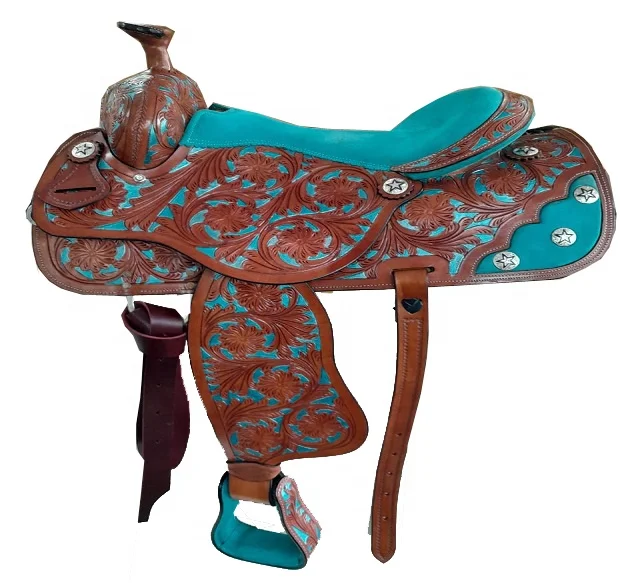 Portable New Design Floxy Western Saddle Made on Best Quality Leather with Turquoise Suede Seat with Hand Tooling Hand Carving