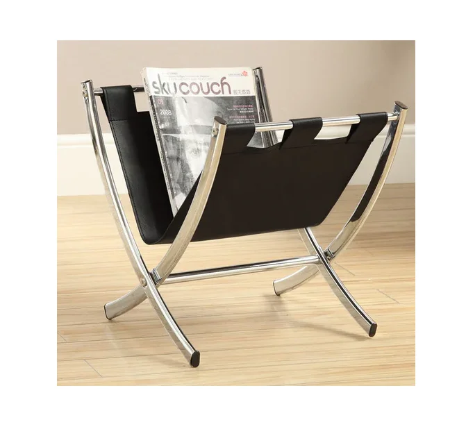 Hot Selling Bedroom Decorative Magazine Rack Book Stand In Bulk Quantity Brown Leather Golden Metal Frame Newspaper Floor Holder