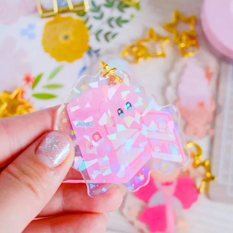 Laser logo clear printed charm custom acrylic holographic finish keychain