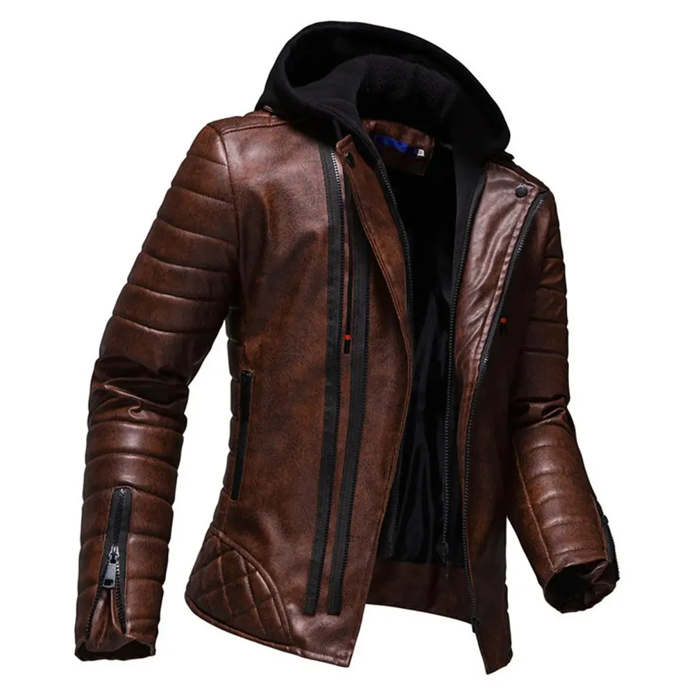 Vintage Distressed Brown Biker Genuine Sheepskin Lapel Collar Rider Crossover Quilted Asymmetric Hooded Leather Jacket
