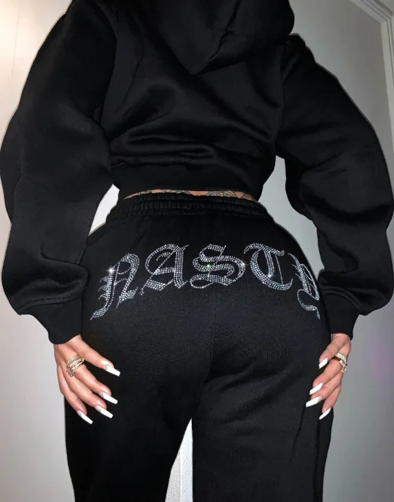 New Arrival High Quality Rhinestone Tracksuits Black Sportswear Manufacture Lady Tracksuits Distressed Style Tracksuits