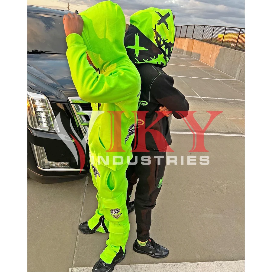 Full zip up Flare tracksuit cargo pocket Stacked pants Flared Sweatpants And Hoodie Sets Tracksuit for men custom sweat suit