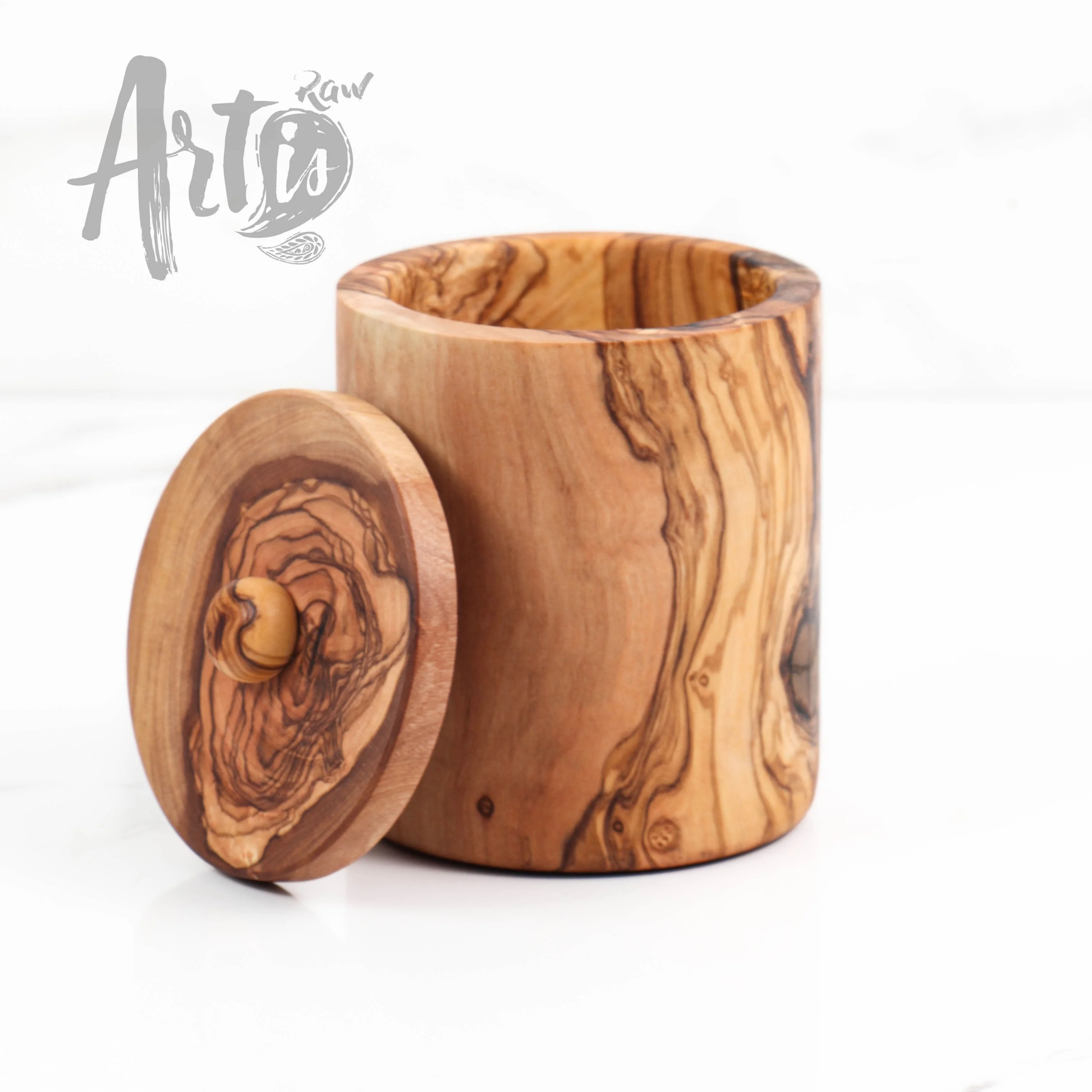 Salt Cellar with Lid and Spoon Handmade from Olive Wood / Wooden Salt Cellar / Salt Box Cellar