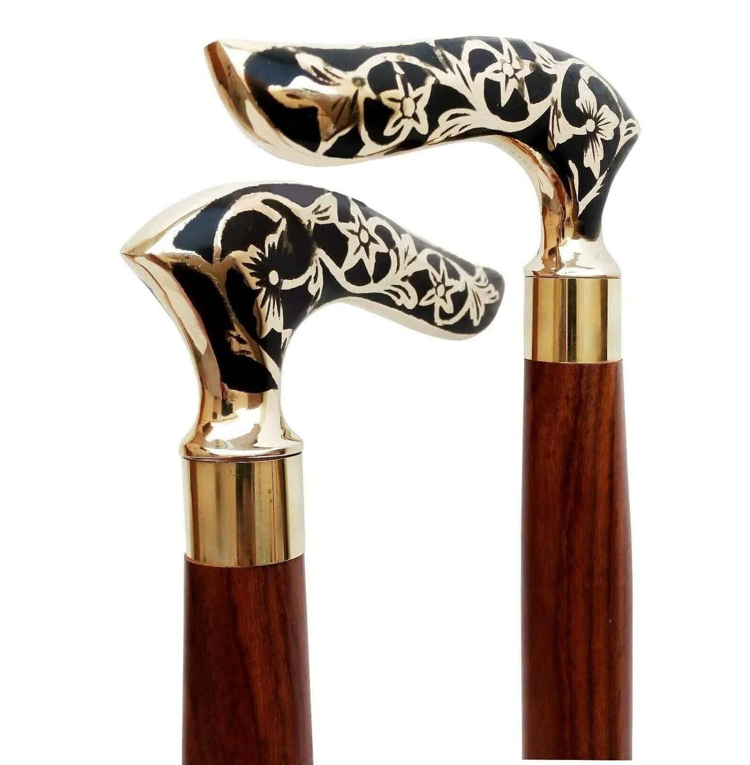 Shriji Crafts Handmade Wooden Folding Walking Stick 36 Inches Cane with Brass Round Handle Gifts for Men Women Christmas