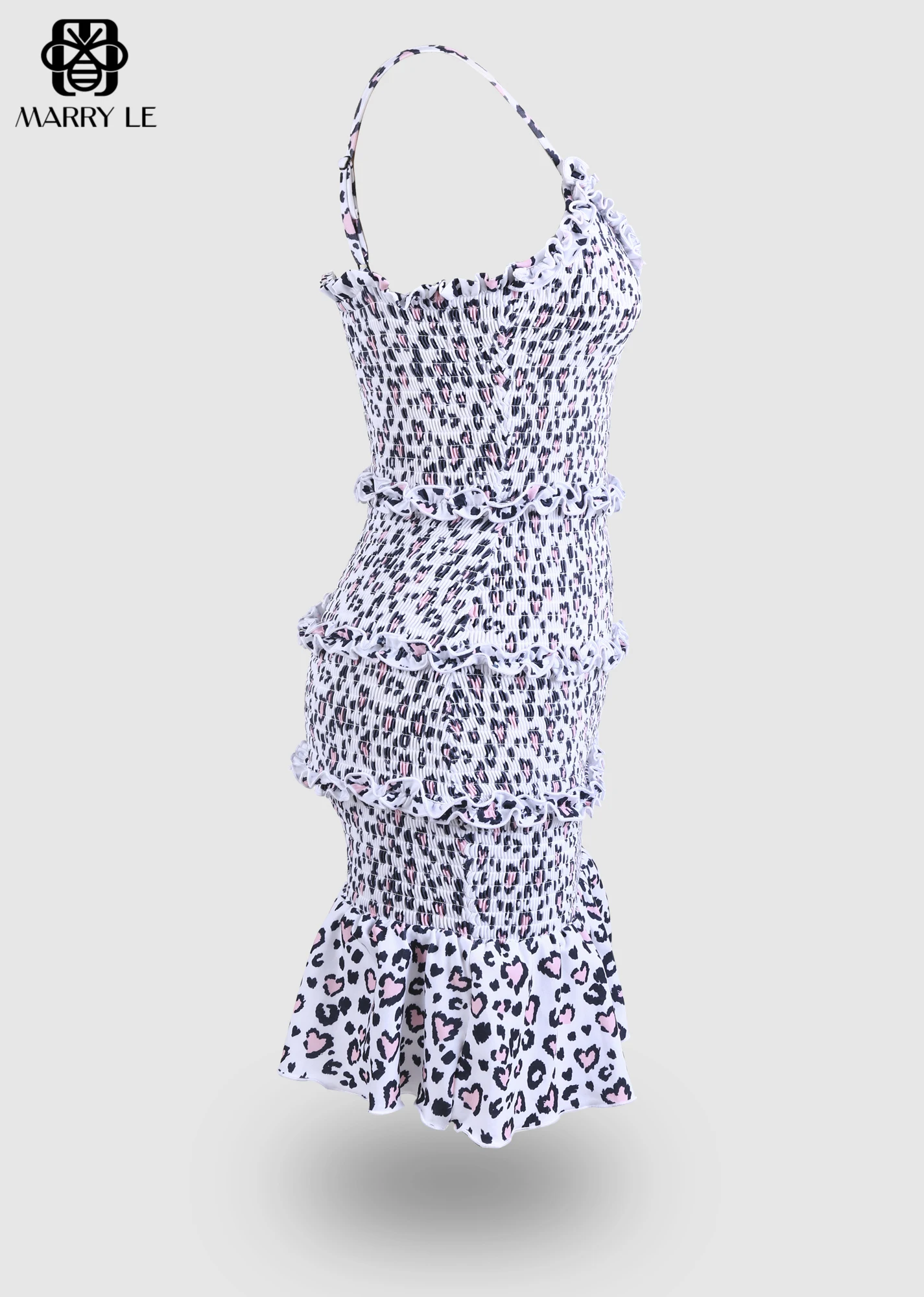 FUNKY LEOPARD ADJUSTABLE STRAP SHIRRED BODYCON DRESS WITH RUFFLE - MD03
