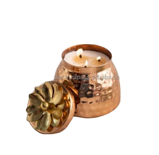 Customizable Unique Design Metal Capper Hammered Textured Decorative Wax Votive With Flower Design On Lid, Metal Jar For Wax