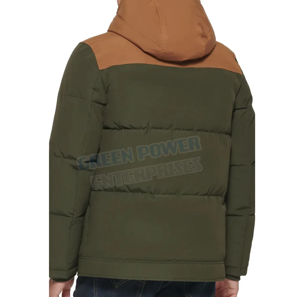 Full zip wholesale fashion designer man coats custom down bubble mens puffer jacket green and mustered color jacket