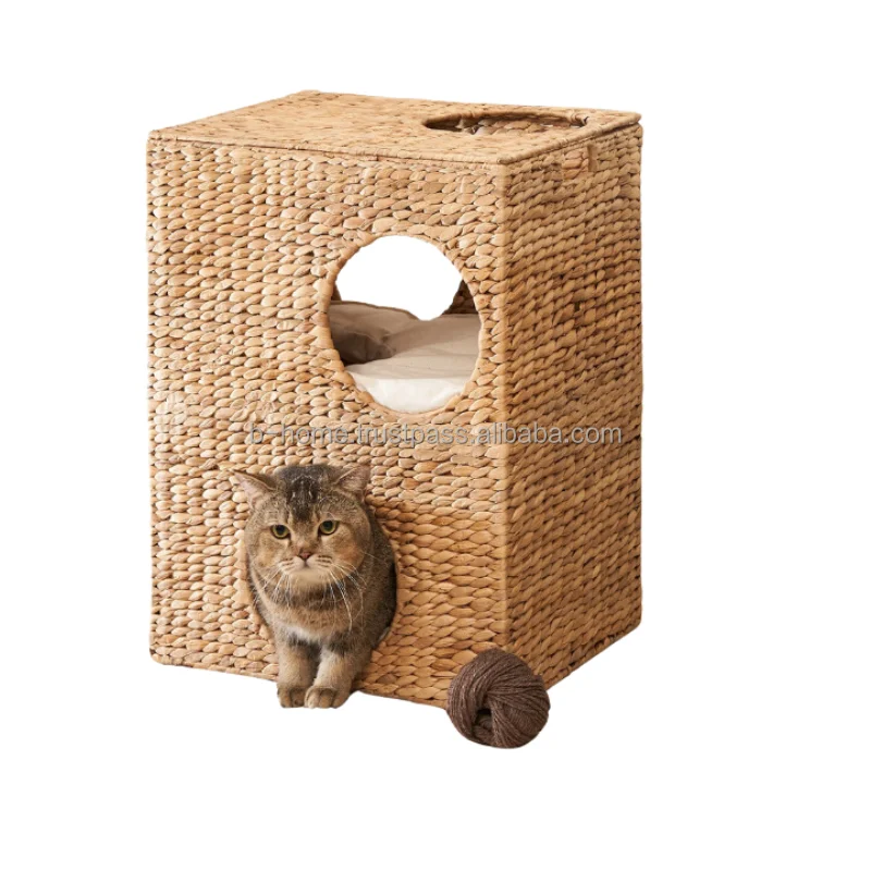 Enclosed Wicker Cat Bed handicraft Natural Water Hyacinth 3-Tier Tower Cat Bed Condo with 3 Removable and Washable Cushions