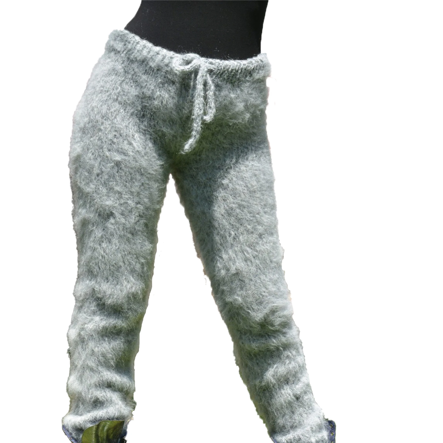 Wholesale New Knitted Mohair Wool Pants Light Grey Mix Color Fuzzy and Fluffy Leggings Mohair Trouser