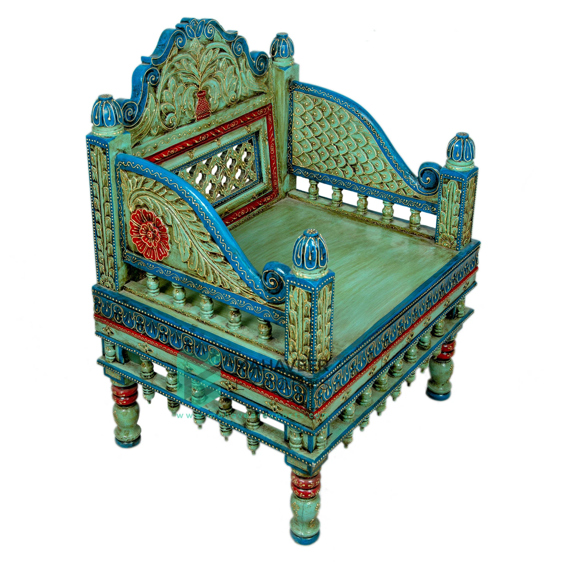 Hot Selling Wooden Jodhpur Style Sky blue Painted Carved Sofa Set (Set Of 4 Pcs) For Living Room / Bedroom Hand Carved Furniture