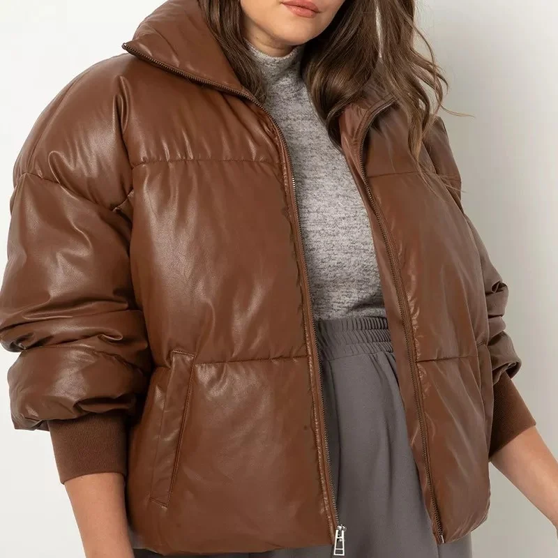 2022 Oem Puff Oversized Pu Brown Cropped Down Padded Faux Wholesale Leather Custom Logo Bubble Plus Size Puffer Jacket Women