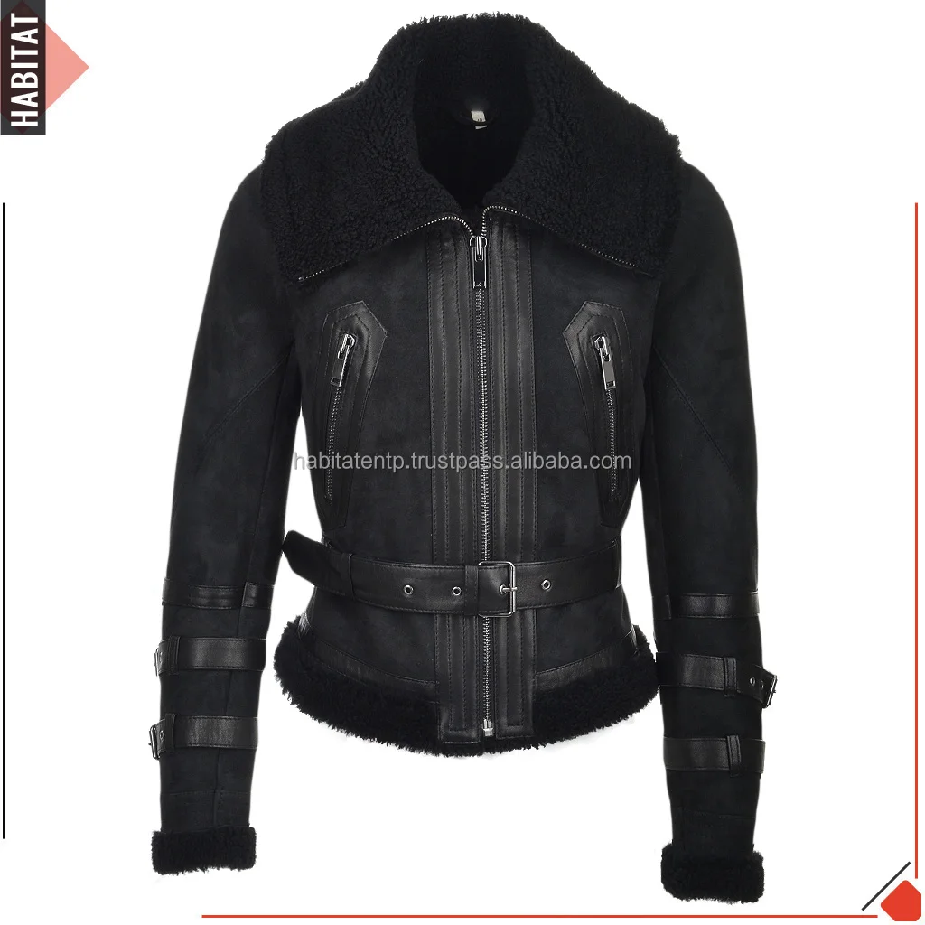 Luxury Real Black Leather Women Jacket with Fox Fur Lining Collar Cuff Front Full Zipper Designs