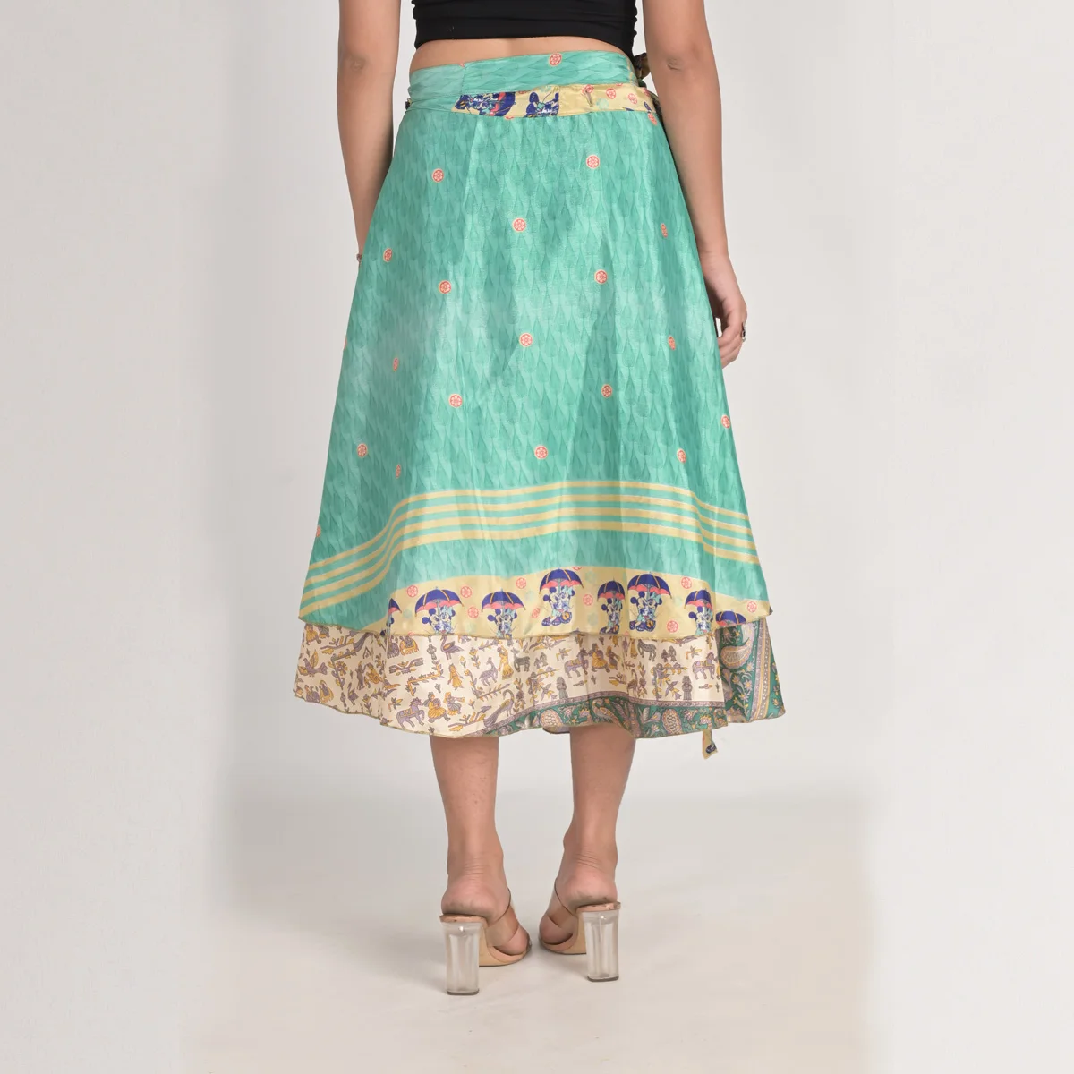 Indian 2 Layer Printed New Art Silk Sari Recycled Long Magic Wrap Around Skirts