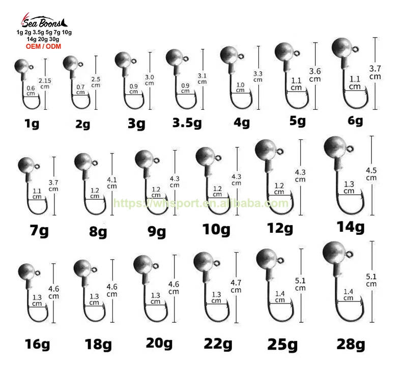 Wholesale Price 1g 2g 3.5g 5g 7g 10g 14g 20g 30G Colorful Jig Heads Fishing Hooks Worm Hook for Soft Lure