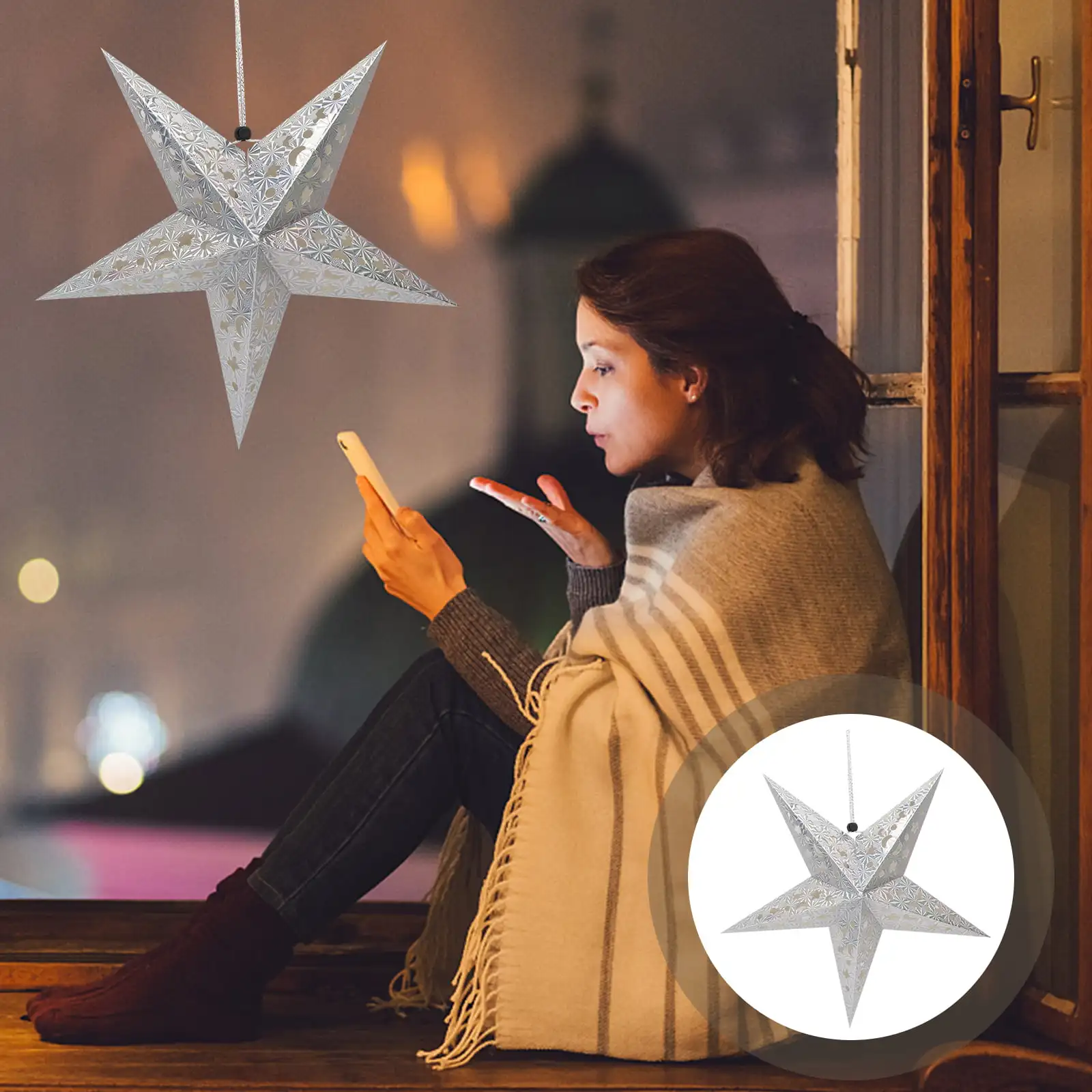 Paper Star Lantern Lights Hanging Light Christmasstars Shade Lamp Diwali Silver Decorations White Lighted Lamps Star Lanterns