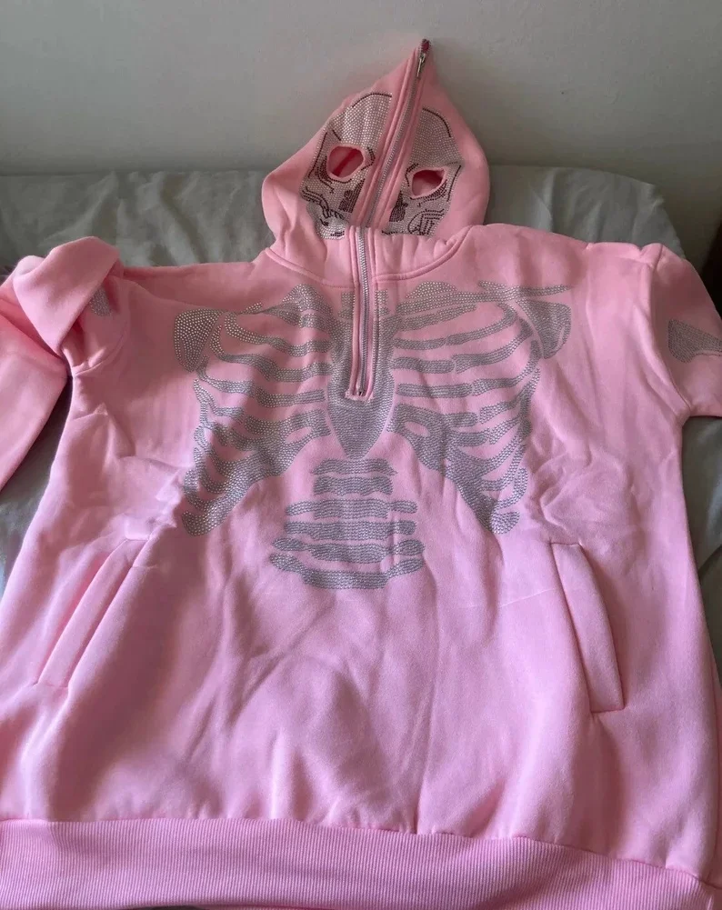 Custom street wear y2k skeleton hoodie half zipper bone skulls hoodie full face zip up rhinestone hoodie men