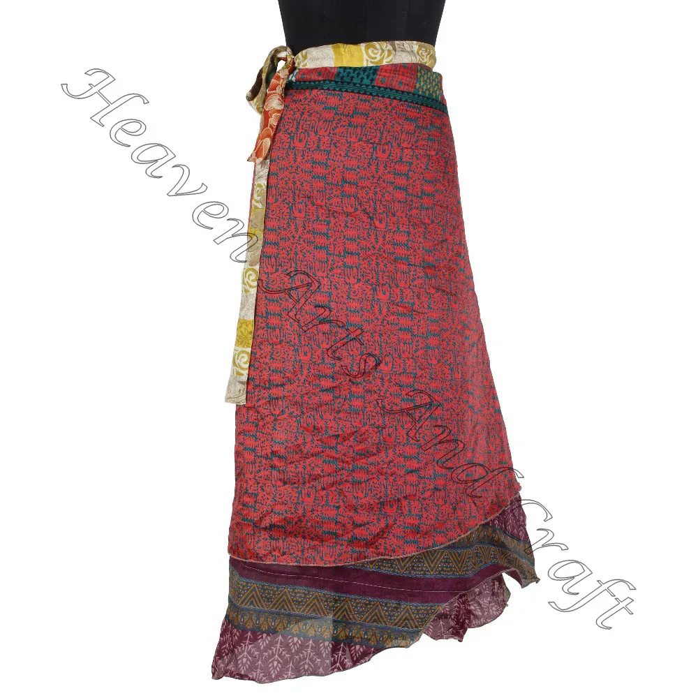 New Girls Silk Long Wrap Skirt Beach Wholesale For Sale Women Wear Vintage Silk Sari Long Length Wrap Around Skirt 2 Layer magic