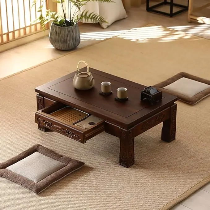 Special Edition Japanese-Style Low Wooden Table with Storage Drawers for Tatami, Bedrooms, and Bay Windows