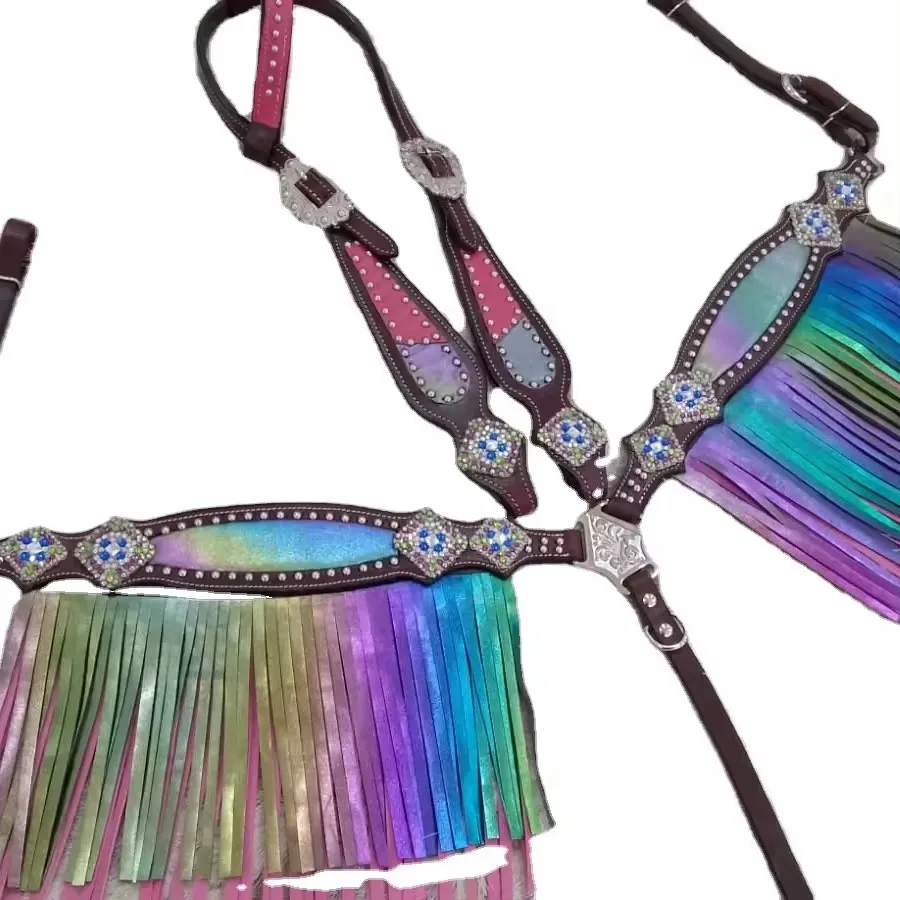 Rainbow Galaxy Western Headstall & Breast Collar Fringe Horse Set Leather lightweight Seasonal design Horse Ridding Equipment