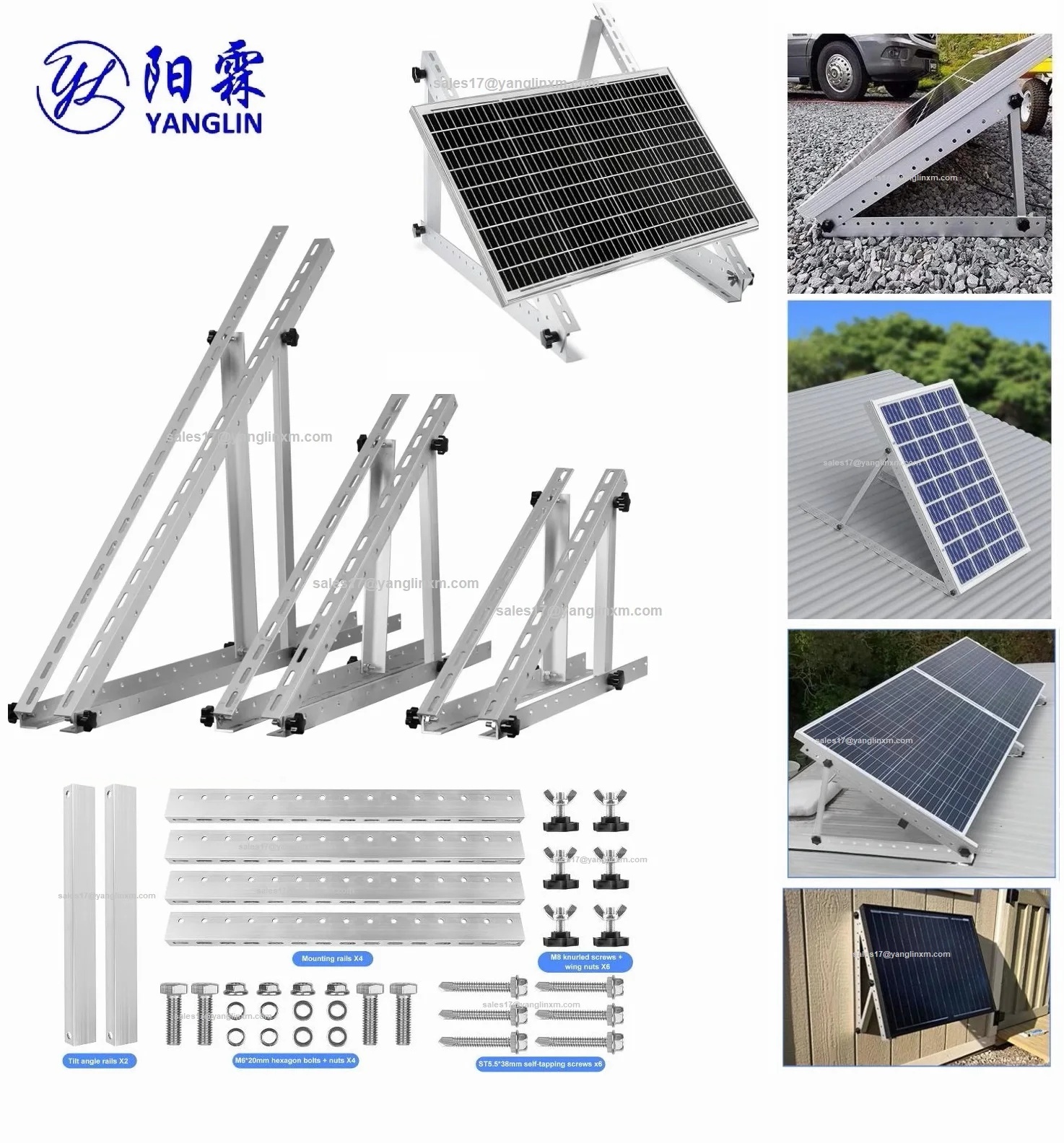 Factory Aluminium 22 28 41 45 47 INC Adjustable Triangle Racks For Flat Roof  Ground Mounting  RV Boat  Balcony