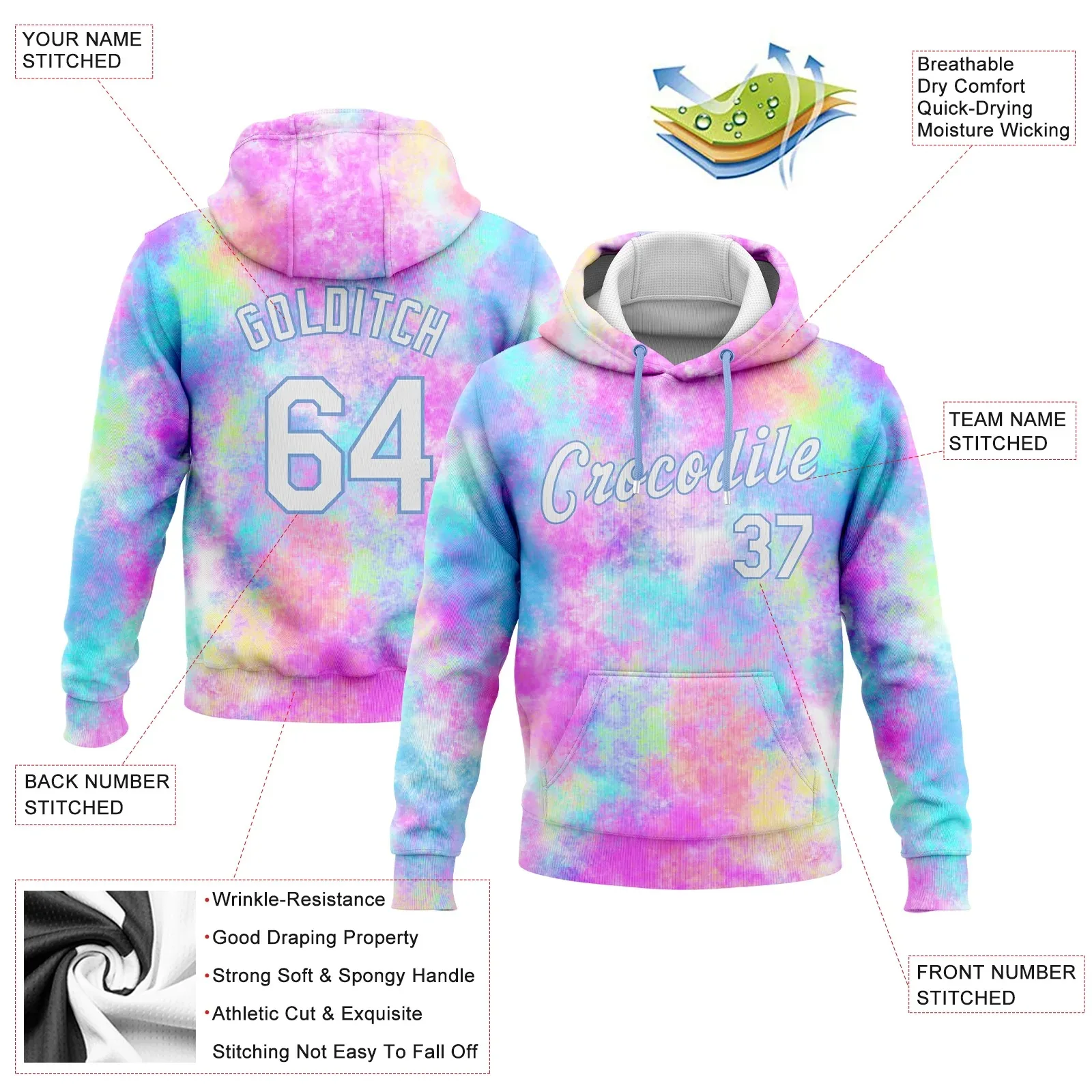 Custom Stitched Tie Dye White-Light Blue 3D Rainbow Sports Pullover Sweatshirt Hoodie