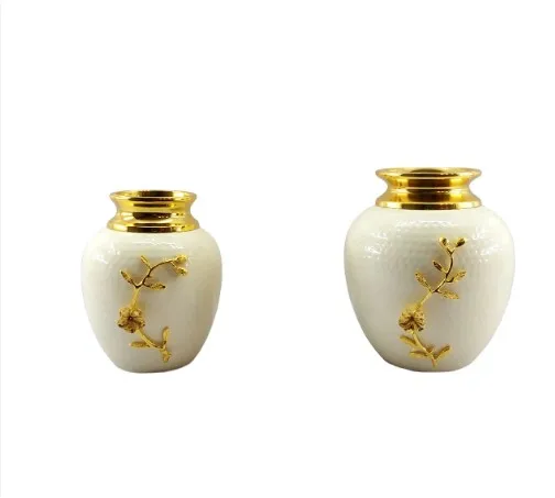 Set of 2 Flower Vases in Home Decor Table Vase Tabletop Wedding Decoration White Hammered Artistic Handicraft Gold Finishing