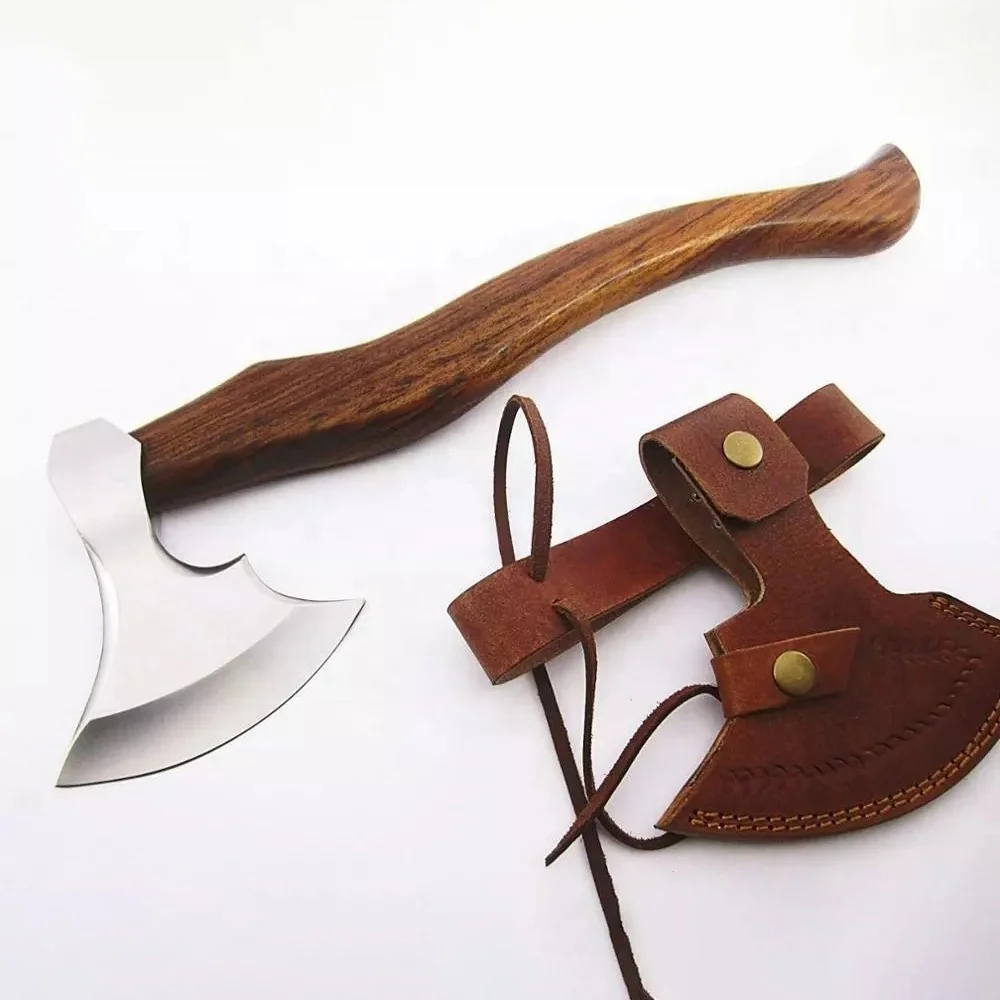 Handmade Double Head D2 Steel Axe with Ash Wood and Leather Wrapped Handle Includes Leather Sheath