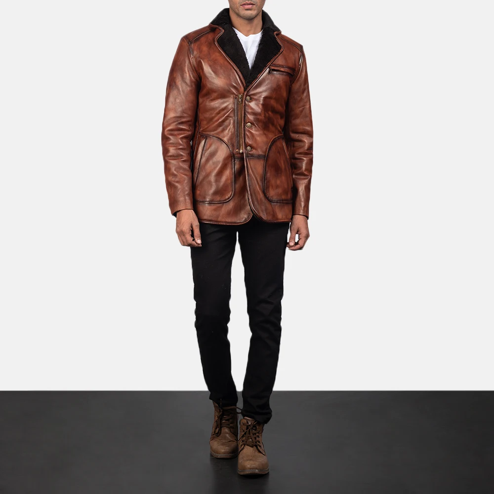 OEM Fashion Leather jacket long/Two tone brown distressed leather jacket for men/Fur decoration genuine waxed leather jacket