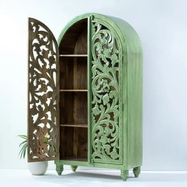 High Quality Green Color Indian Traditional Design Armoire Solid Wooden Wardrobe Living Room Cabinet with Drawers Rode Shelves